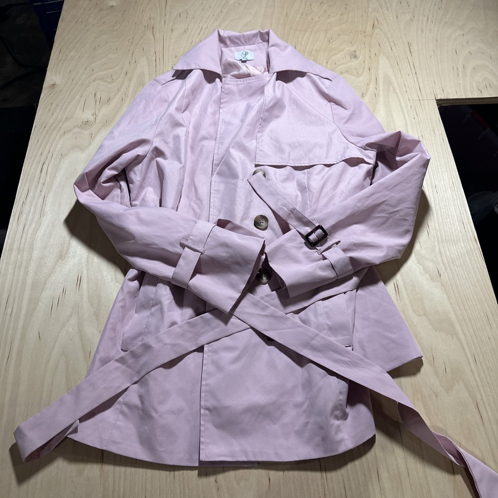 PLM Clothing Women's Pink Trench Coat Button Down Tie Close Size XL